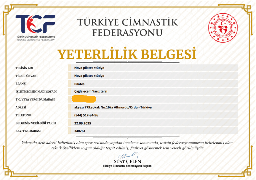 TCF Pilates Eğitmenlik Sertifikası - Ordu